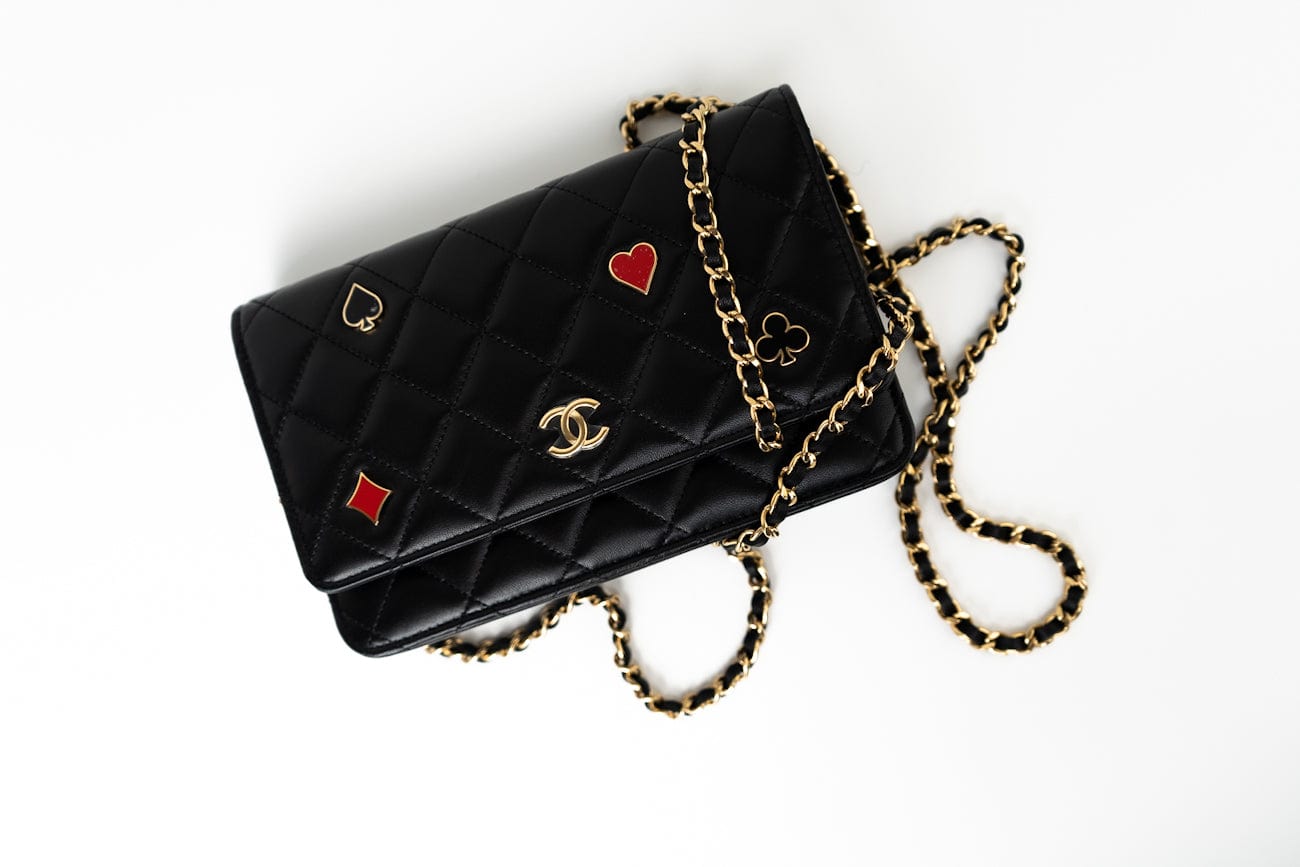 23C Black Lambskin Quilted Cruise Heart Wallet on Chain (WOC) LGHW