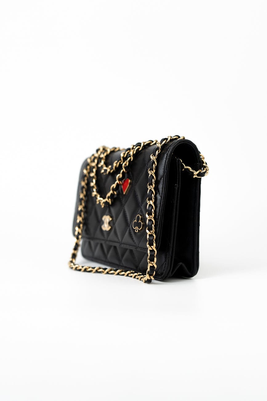 23C Black Lambskin Quilted Cruise Heart Wallet on Chain (WOC) LGHW