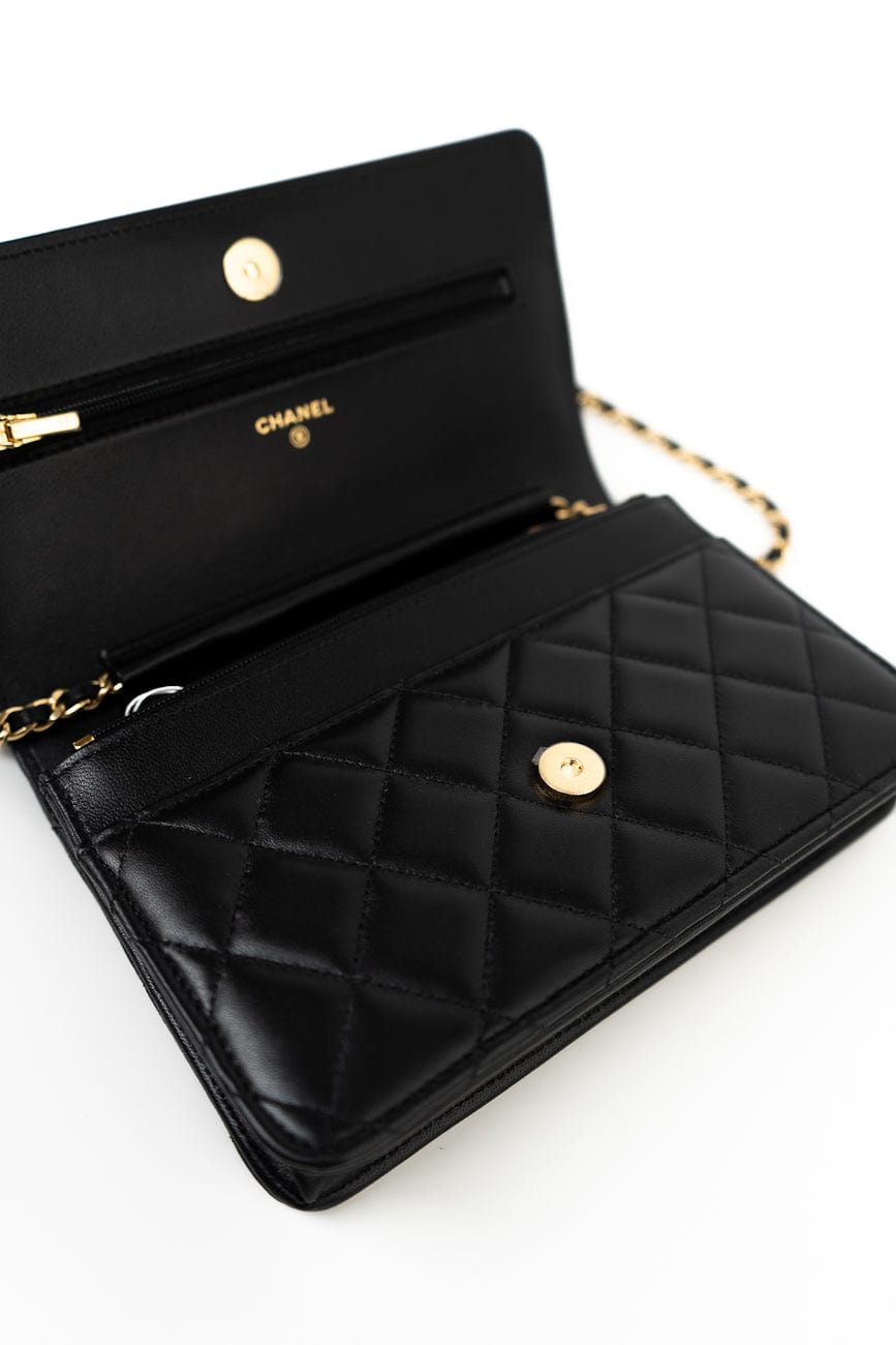 23C Black Lambskin Quilted Cruise Heart Wallet on Chain (WOC) LGHW