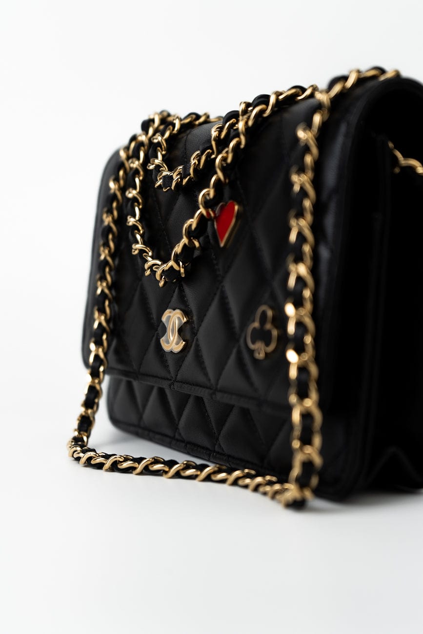23C Black Lambskin Quilted Cruise Heart Wallet on Chain (WOC) LGHW