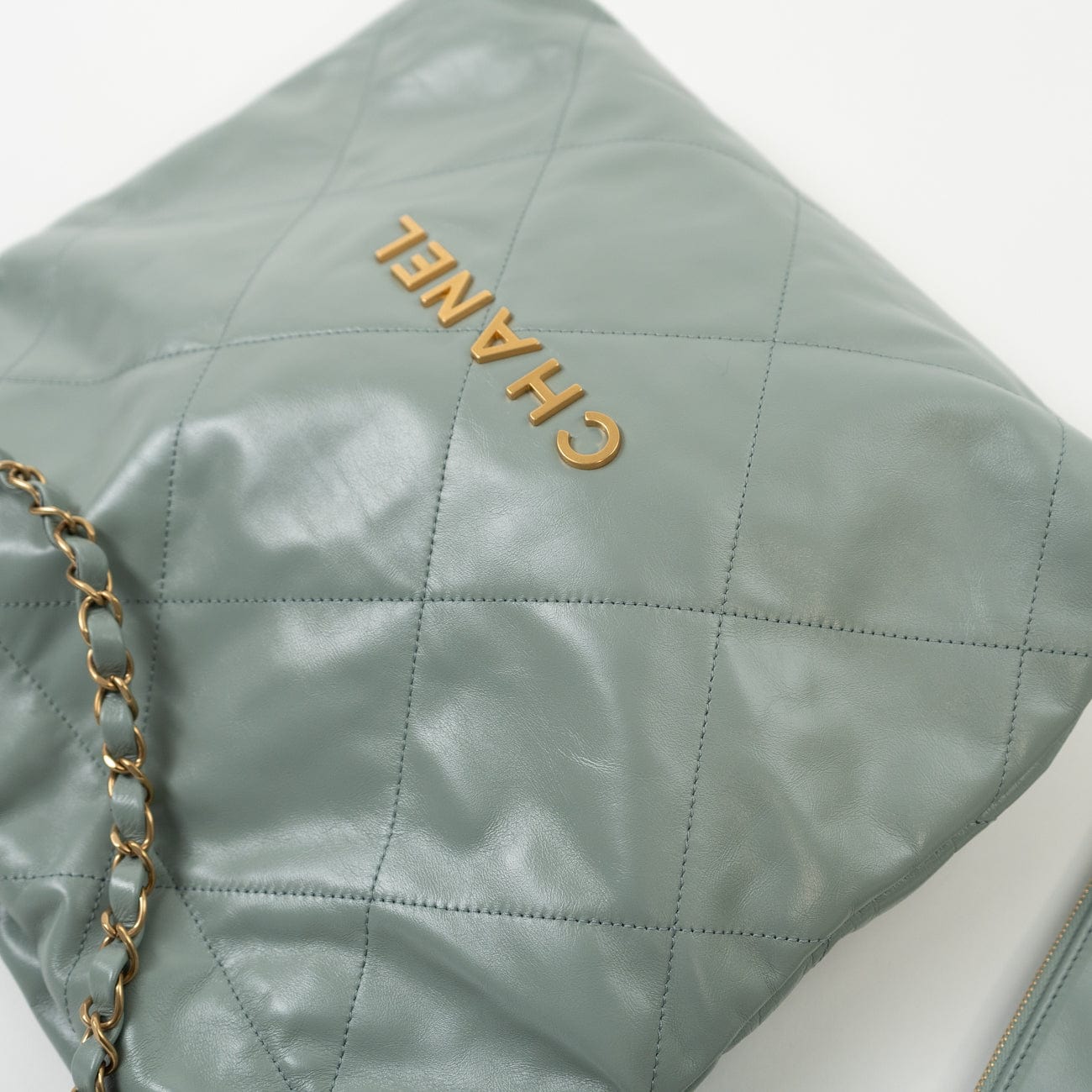 23C Small Grey green Calfskin Quilted 22 Drawstring Bag