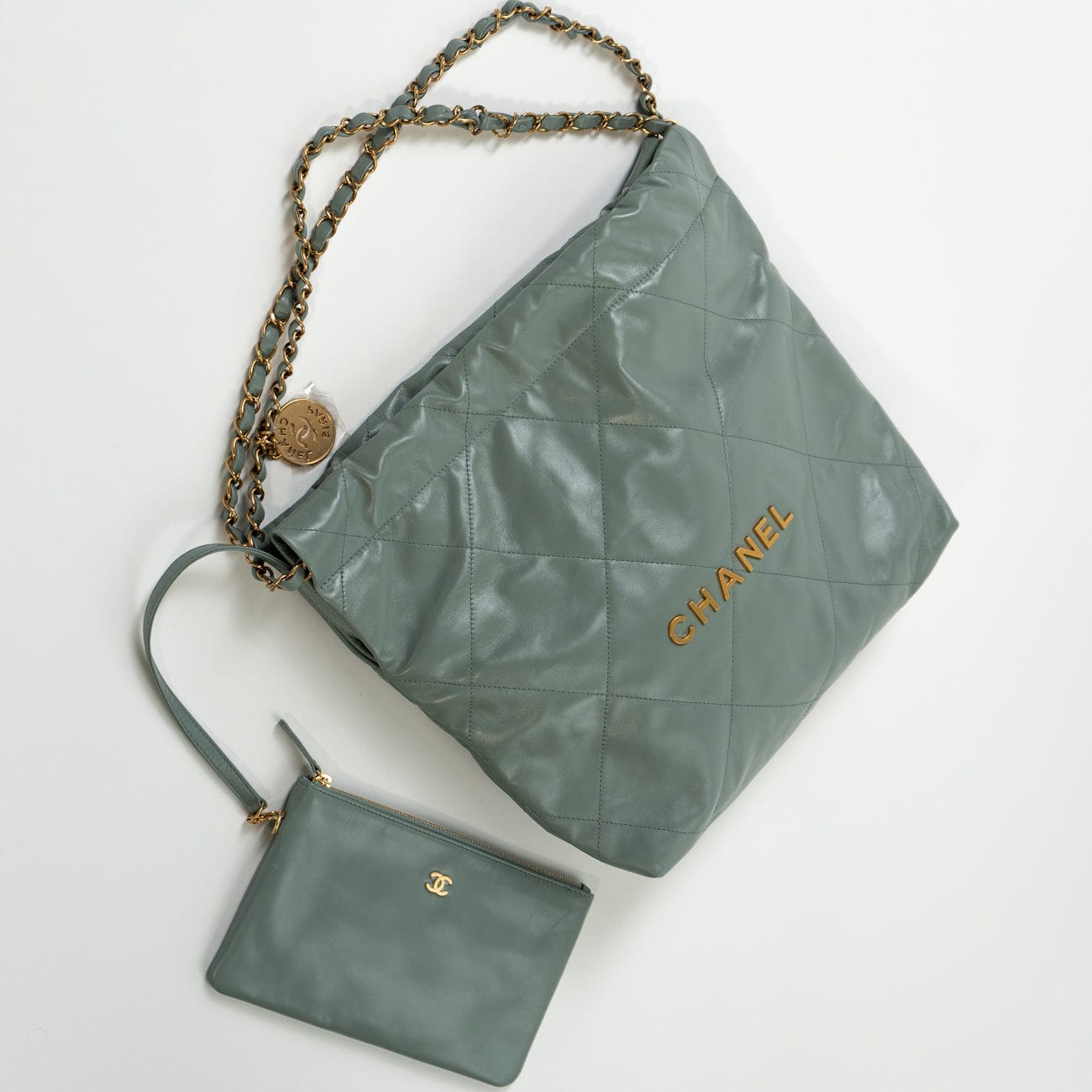 23C Small Grey green Calfskin Quilted 22 Drawstring Bag