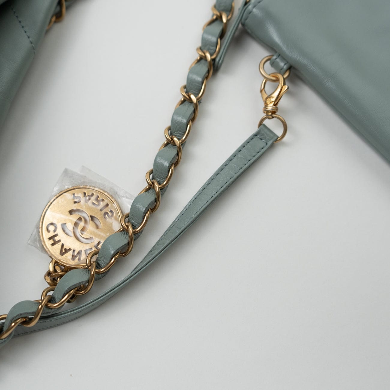 23C Small Grey green Calfskin Quilted 22 Drawstring Bag