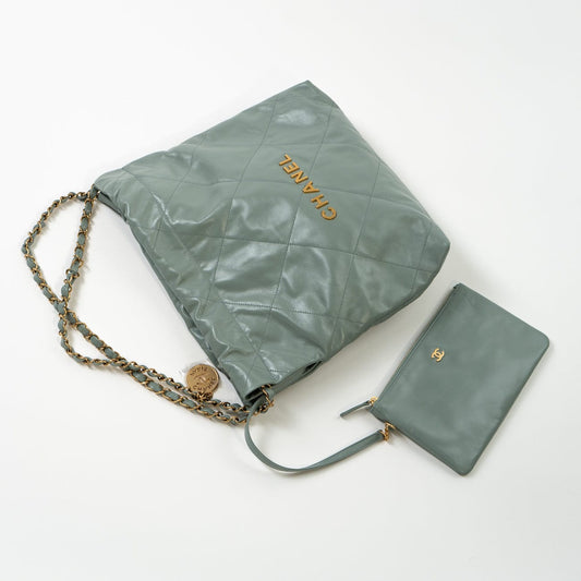 23C Small Grey green Calfskin Quilted 22 Drawstring Bag