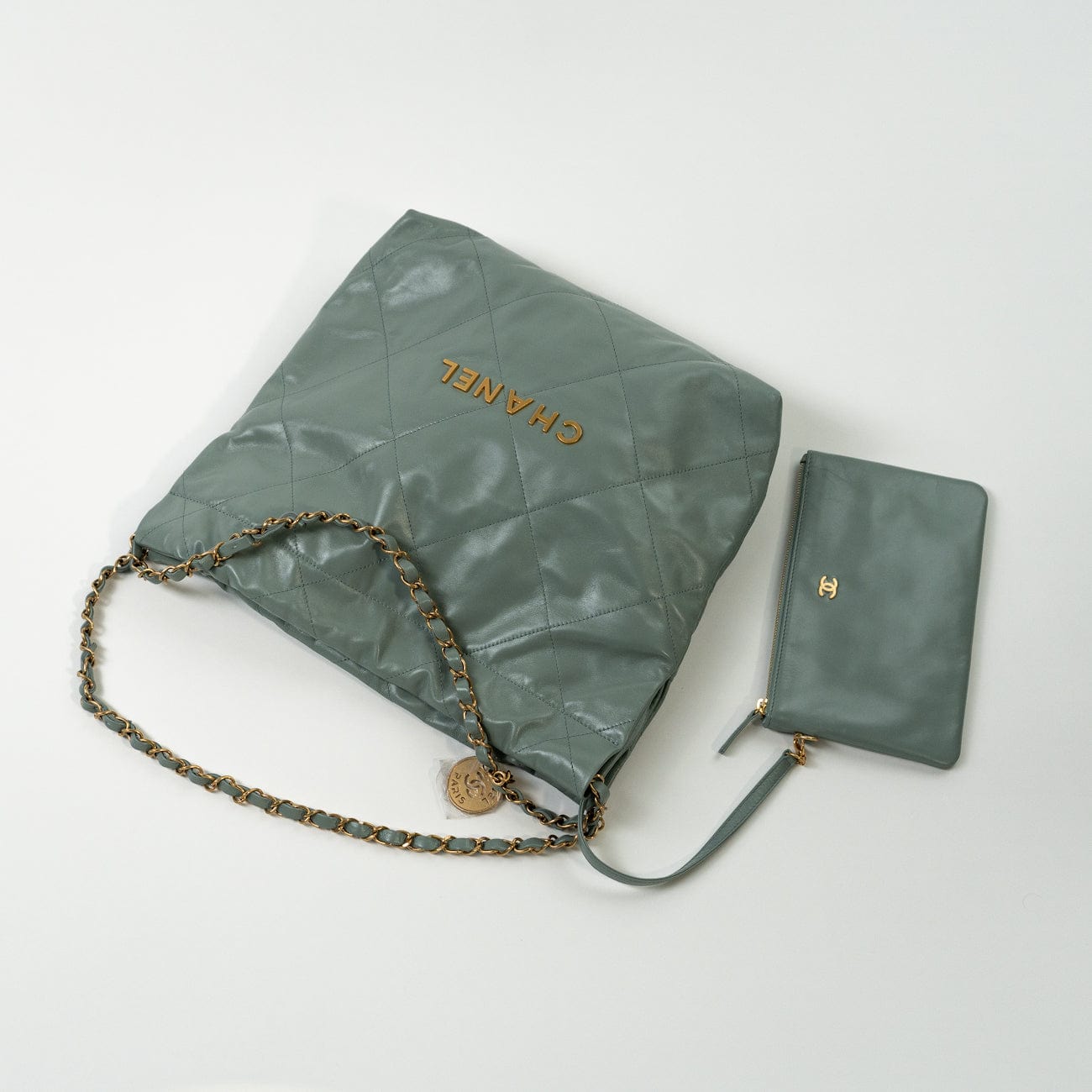 23C Small Grey green Calfskin Quilted 22 Drawstring Bag