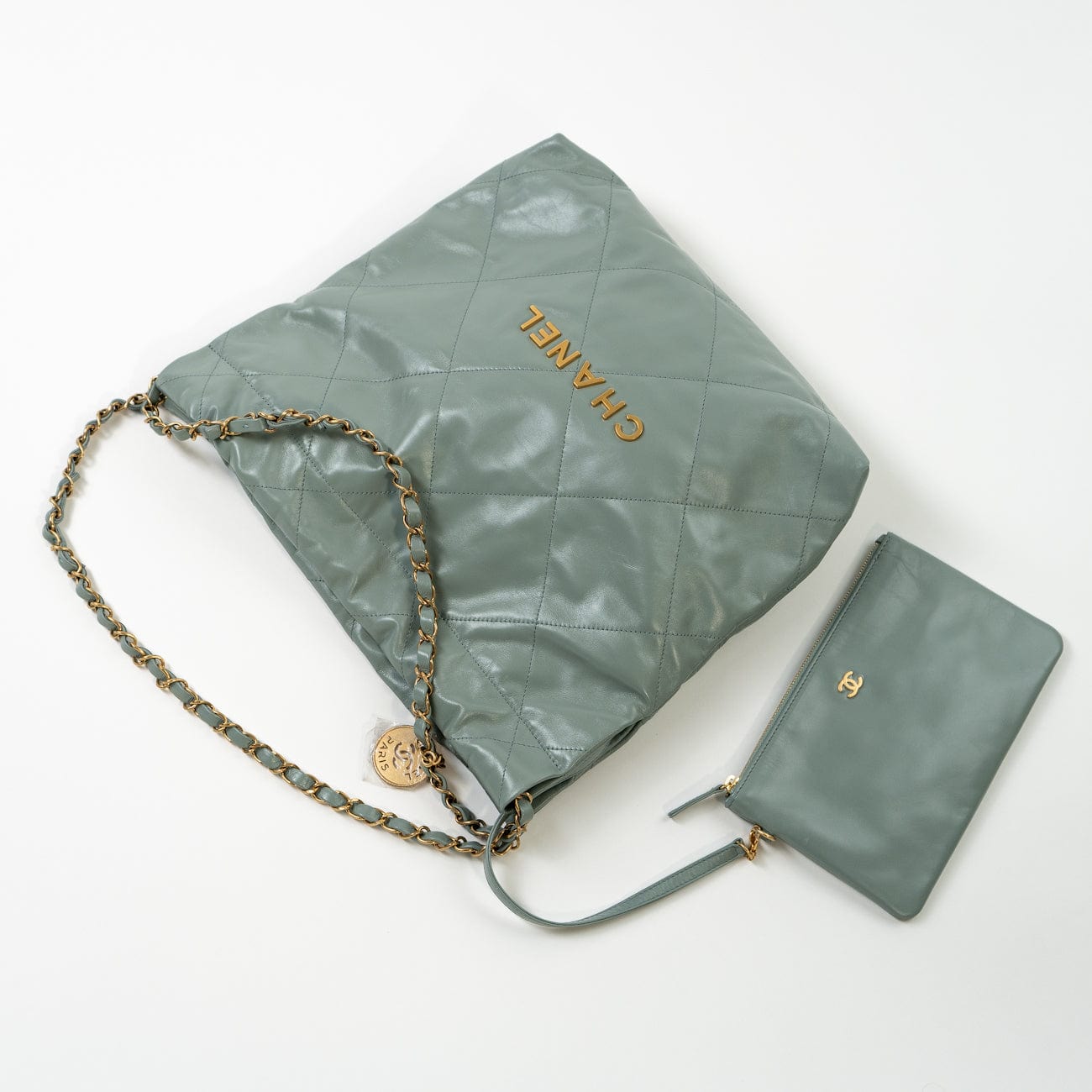 23C Small Grey green Calfskin Quilted 22 Drawstring Bag