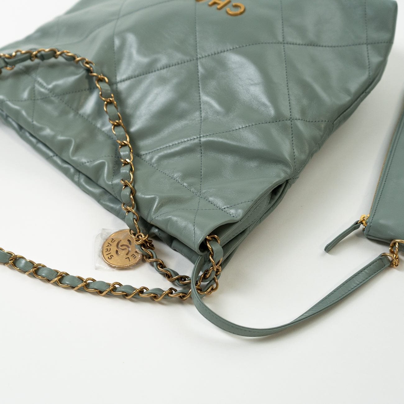 23C Small Grey green Calfskin Quilted 22 Drawstring Bag