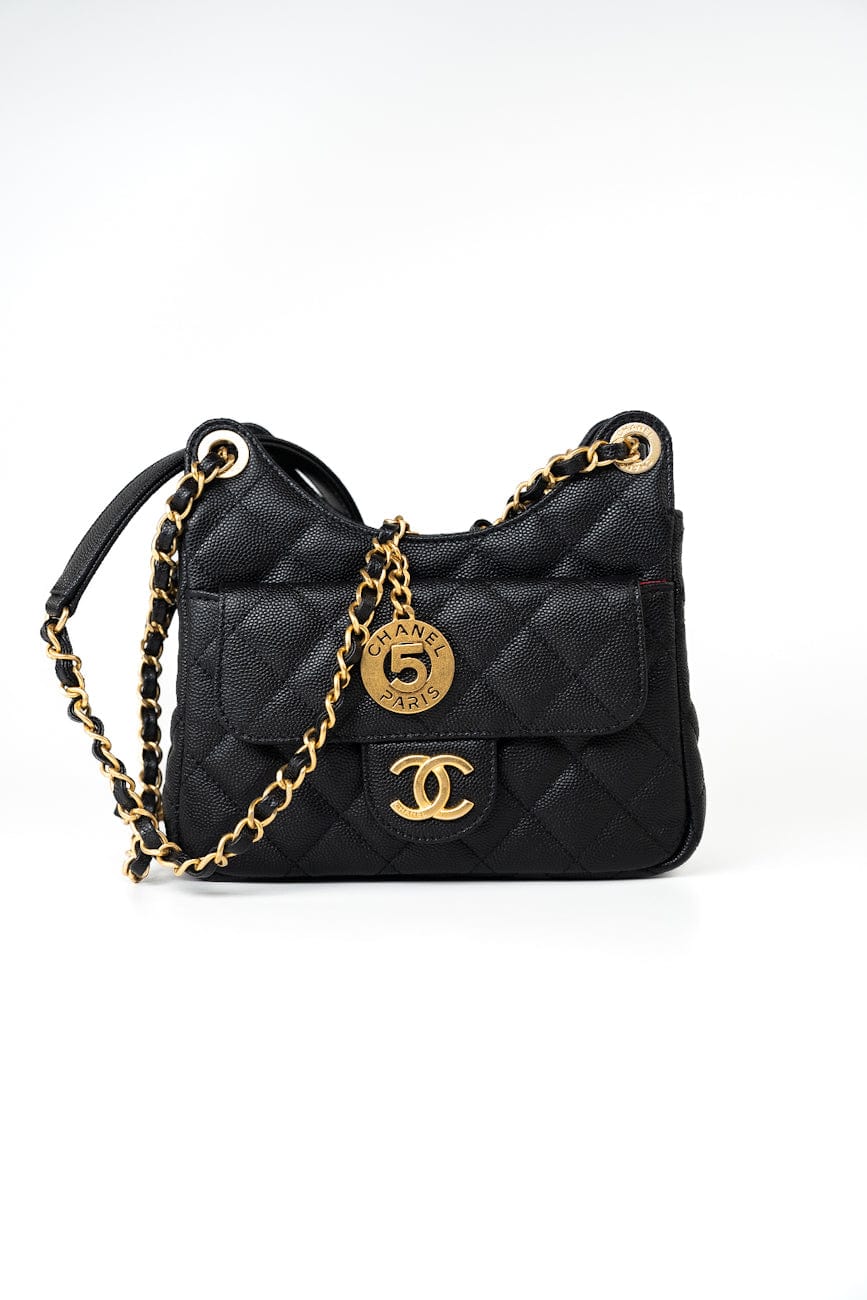 23P Black Caviar Quilted Hobo Bag Small Antique Gold Hardware