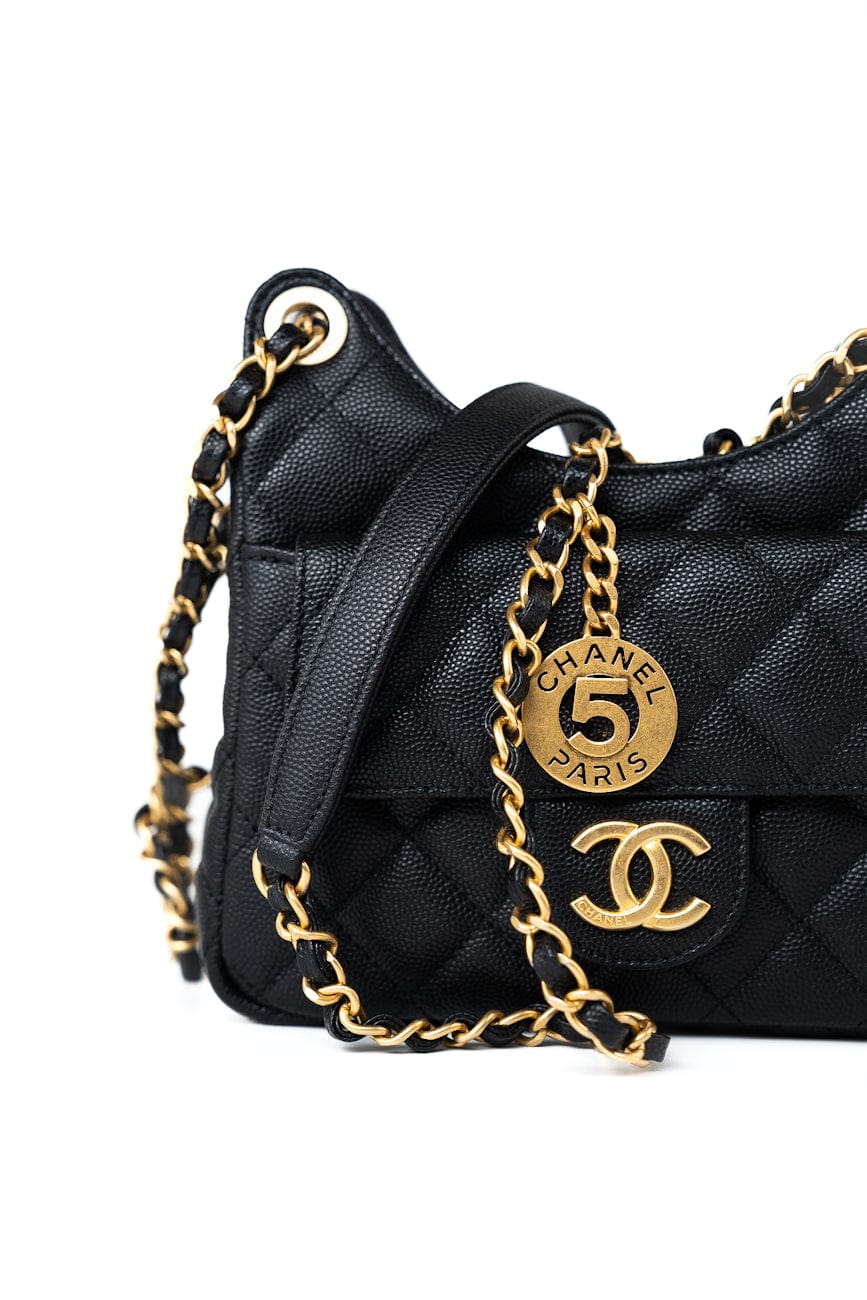 23P Black Caviar Quilted Hobo Bag Small Antique Gold Hardware