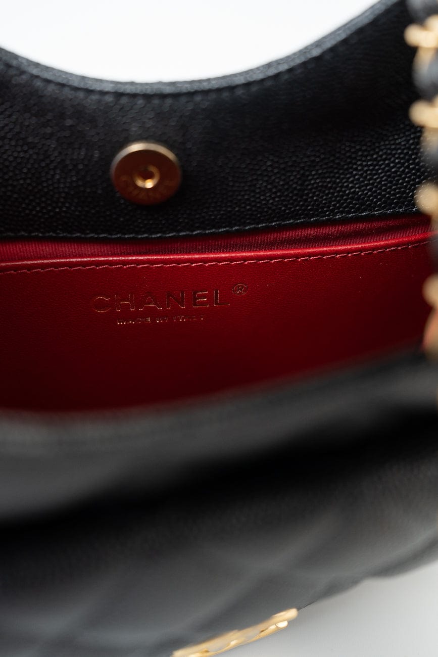 23P Black Caviar Quilted Hobo Bag Small Antique Gold Hardware