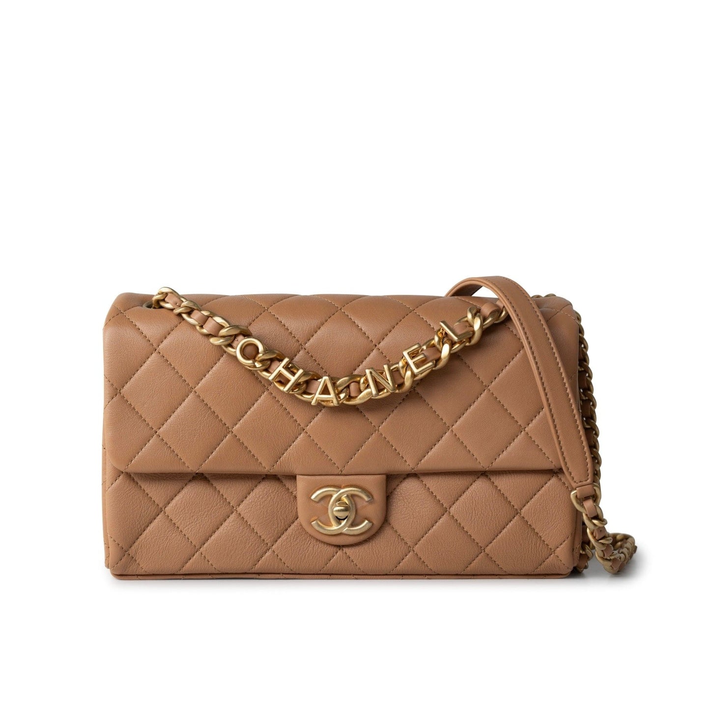 23P Caramel Quilted Chanel Chain Single Flap Bag Antique Gold Hardware
