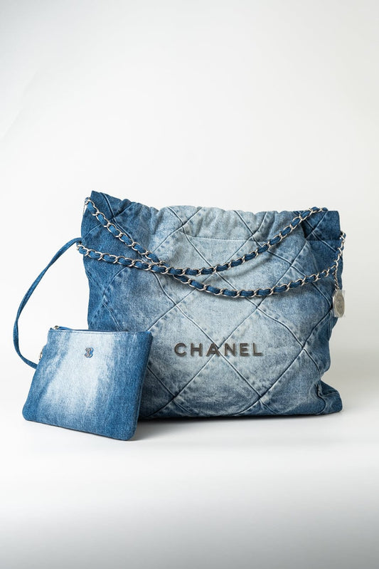 23P Denim Quilted 22 Drawstring Bag Medium