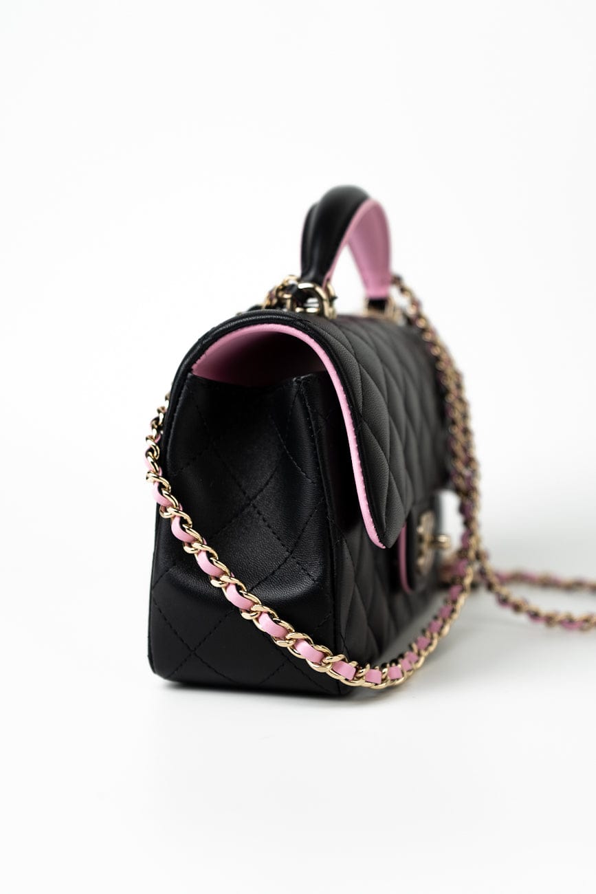 23P Mini Top Handle Black/Pink Lambskin Quilted w/ Light Gold Hardware