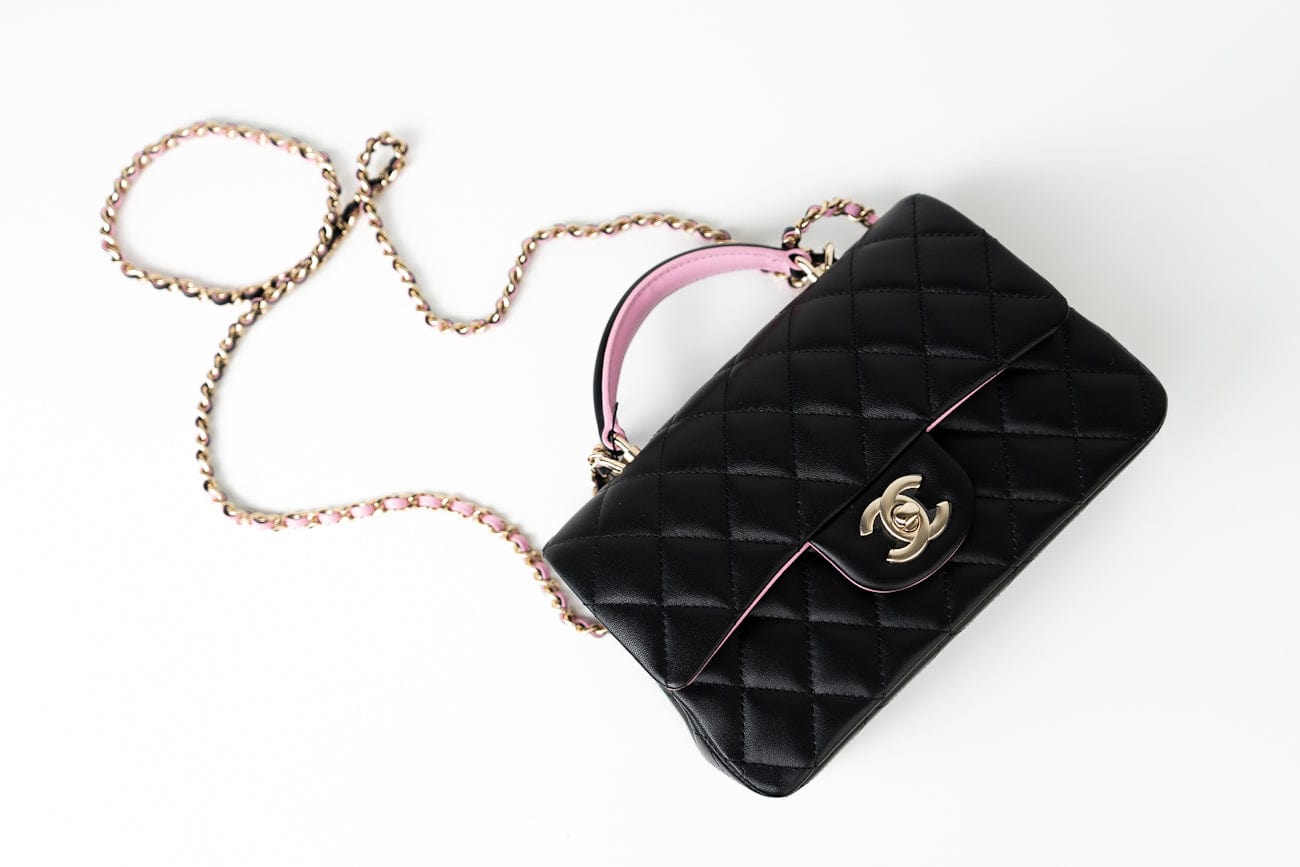 23P Mini Top Handle Black/Pink Lambskin Quilted w/ Light Gold Hardware