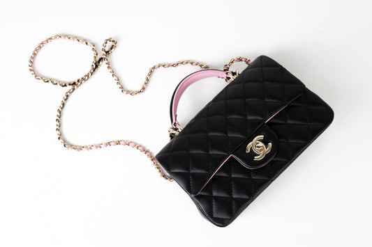 23P Mini Top Handle Black/Pink Lambskin Quilted w/ Light Gold Hardware