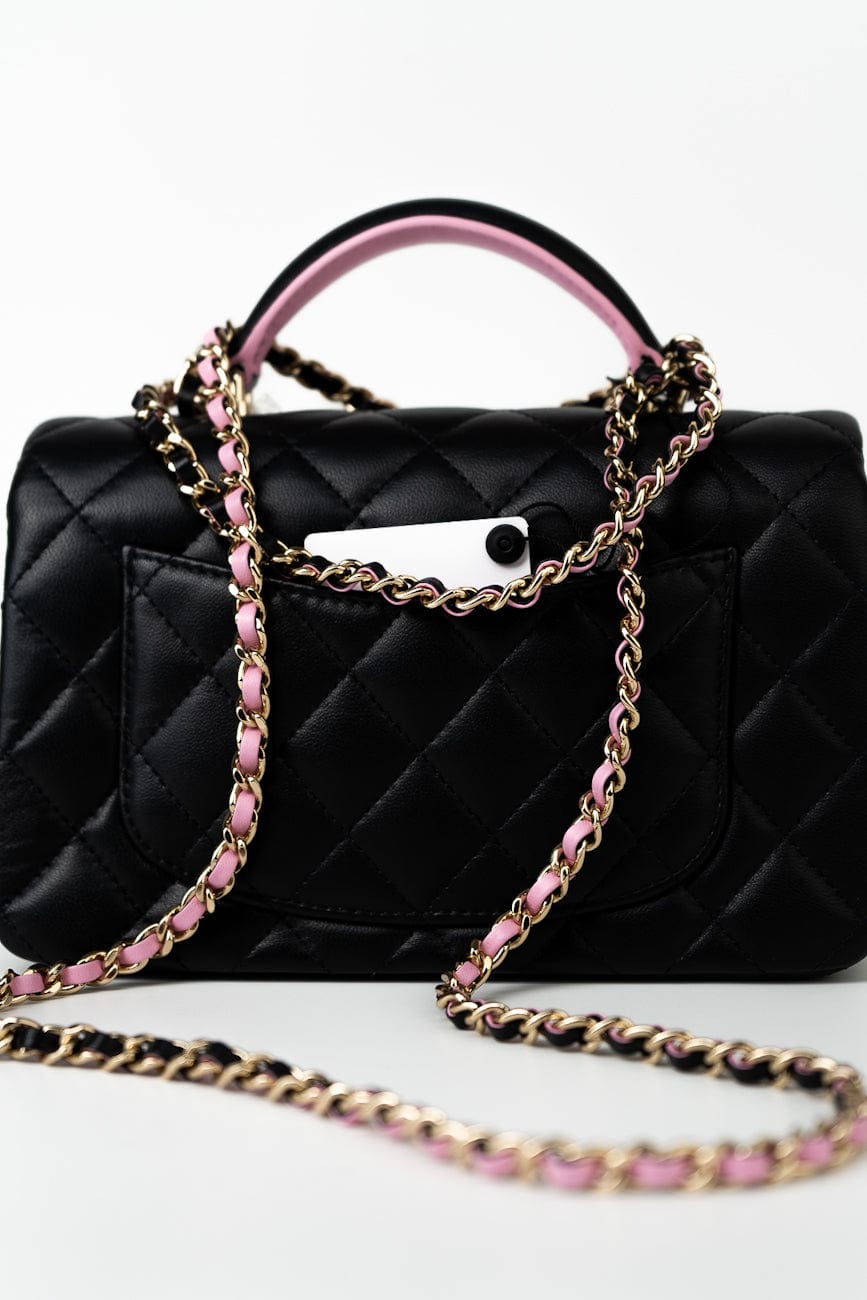 23P Mini Top Handle Black/Pink Lambskin Quilted w/ Light Gold Hardware