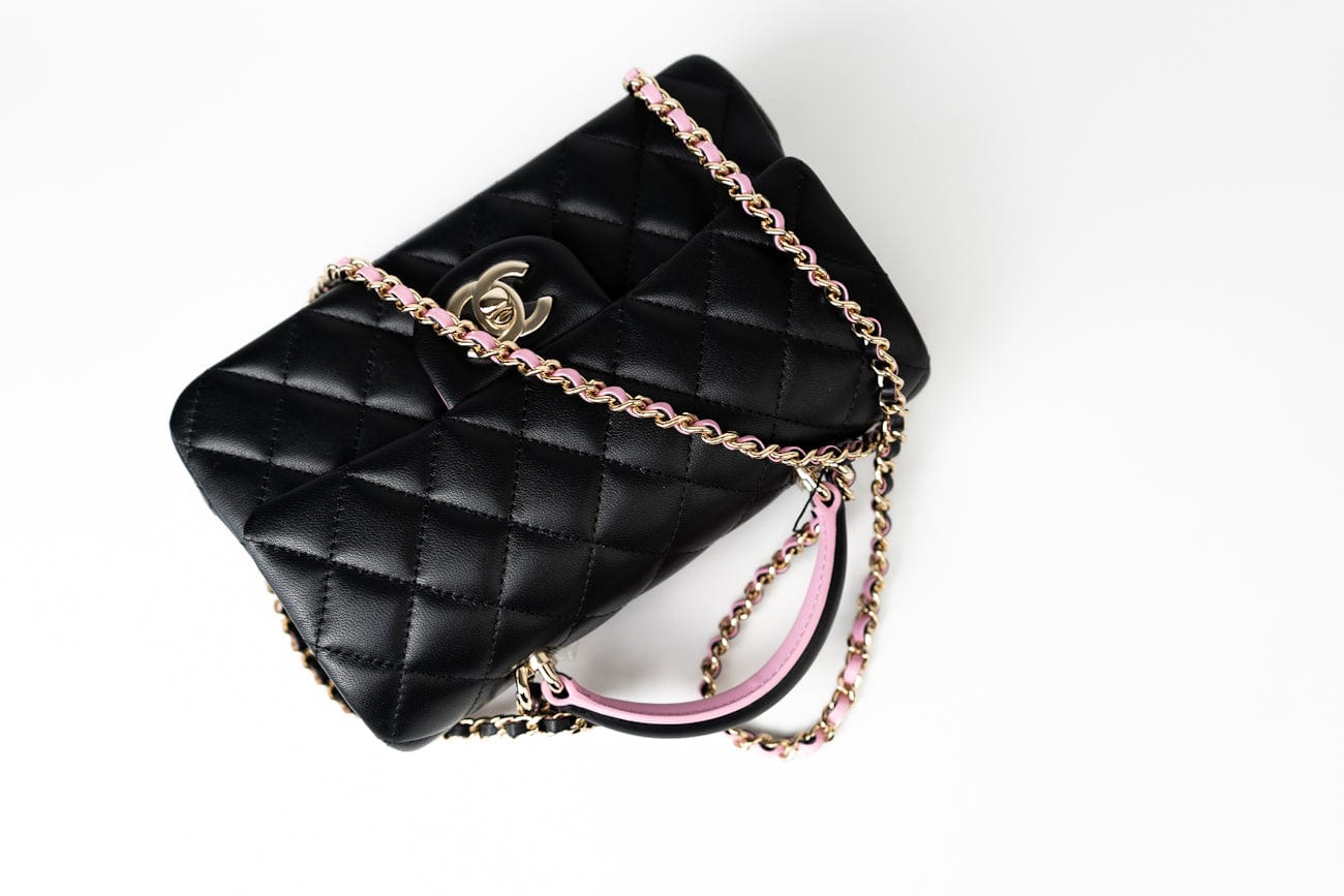 23P Mini Top Handle Black/Pink Lambskin Quilted w/ Light Gold Hardware