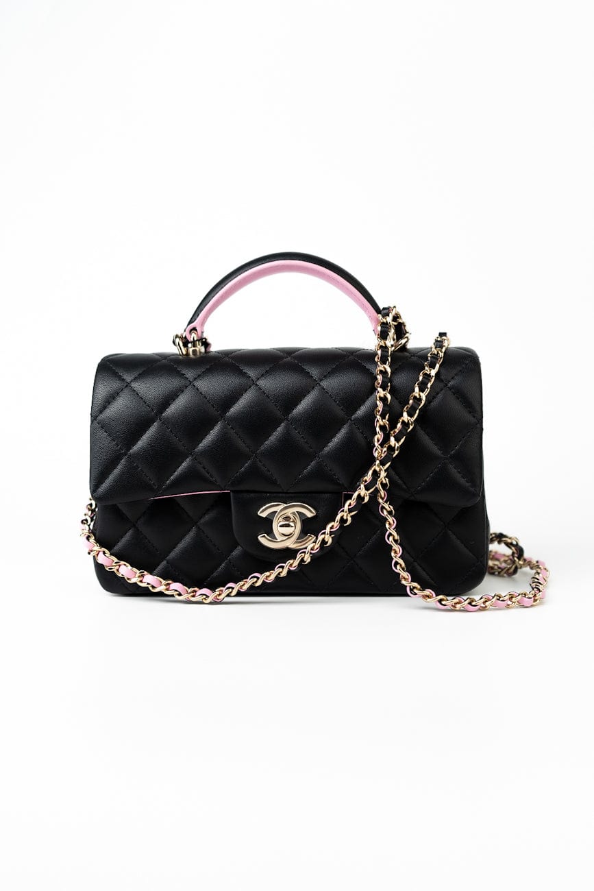 23P Mini Top Handle Black/Pink Lambskin Quilted w/ Light Gold Hardware