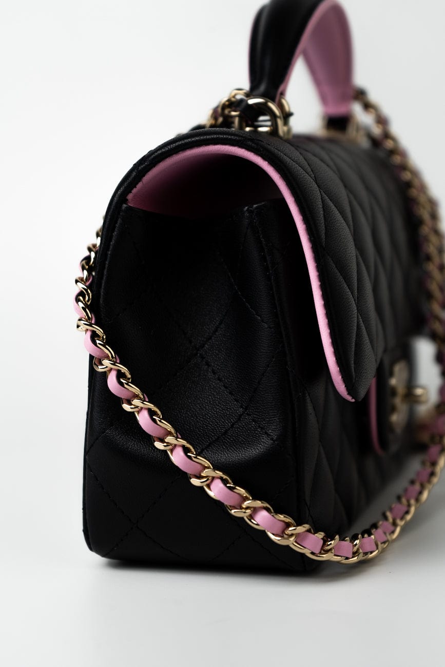 23P Mini Top Handle Black/Pink Lambskin Quilted w/ Light Gold Hardware