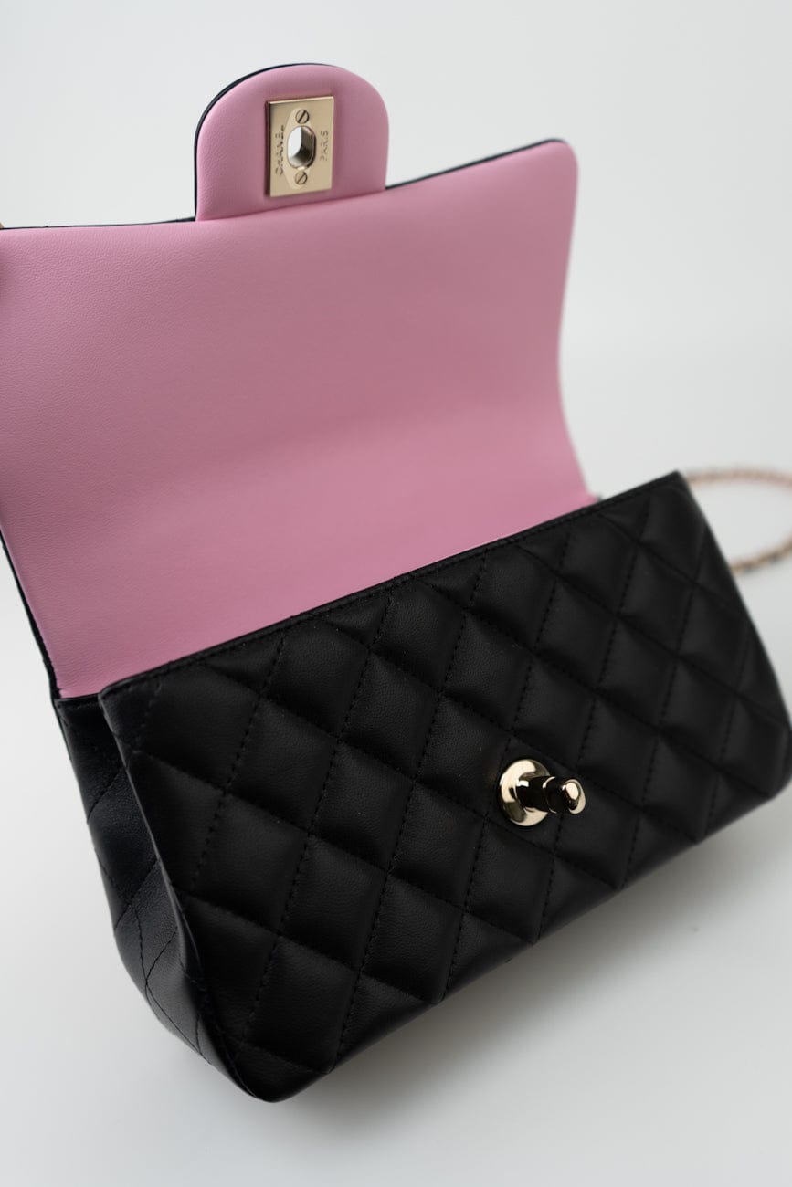 23P Mini Top Handle Black/Pink Lambskin Quilted w/ Light Gold Hardware