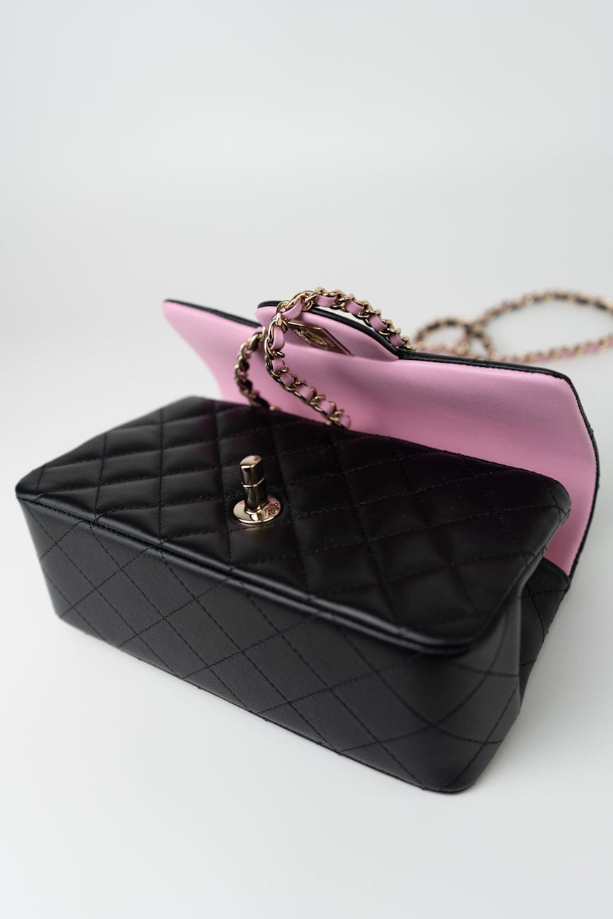 23P Mini Top Handle Black/Pink Lambskin Quilted w/ Light Gold Hardware