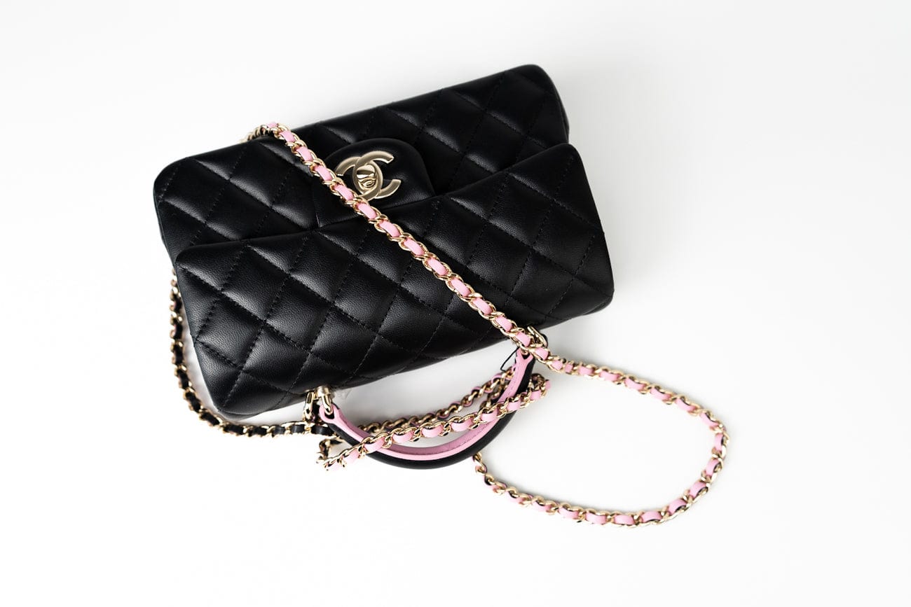 23P Mini Top Handle Black/Pink Lambskin Quilted w/ Light Gold Hardware