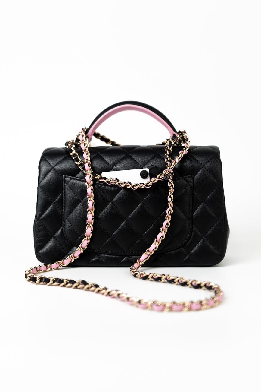 23P Mini Top Handle Black/Pink Lambskin Quilted w/ Light Gold Hardware