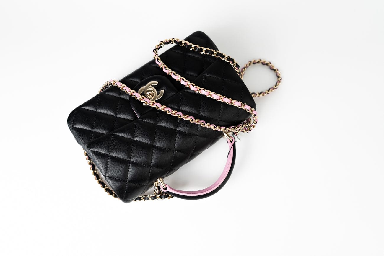 23P Mini Top Handle Black/Pink Lambskin Quilted w/ Light Gold Hardware