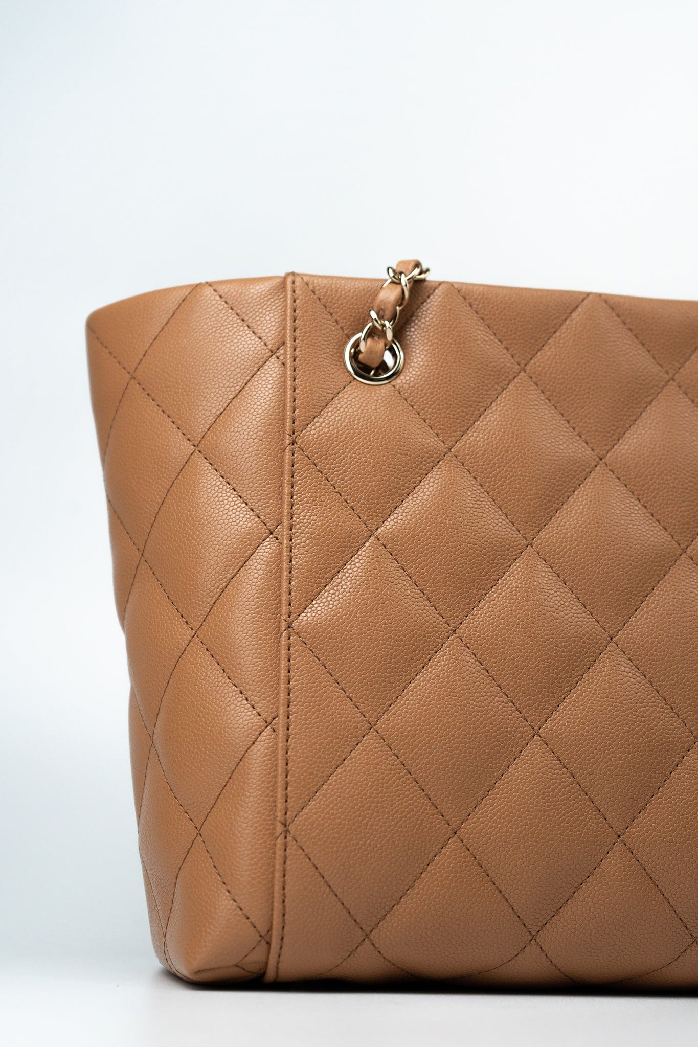 23P Small Caramel Caviar Quilted Shopping Bag Light Gold Hardware