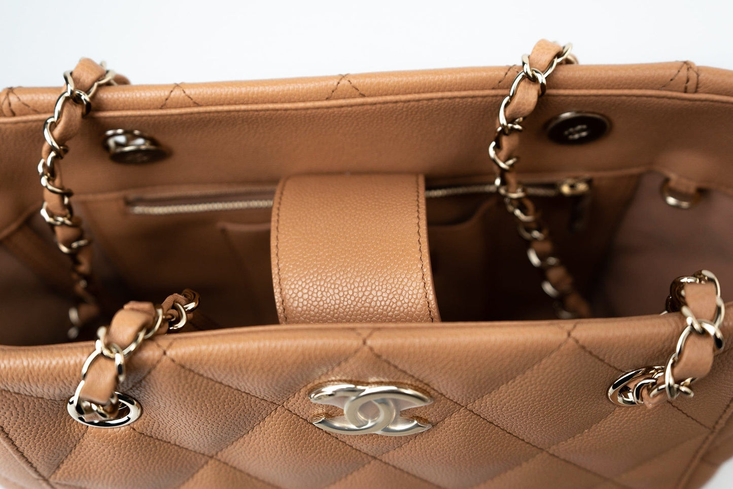 23P Small Caramel Caviar Quilted Shopping Bag Light Gold Hardware