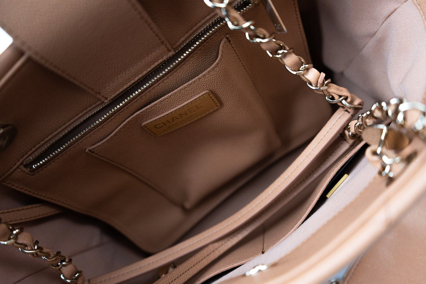 23P Small Caramel Caviar Quilted Shopping Bag Light Gold Hardware