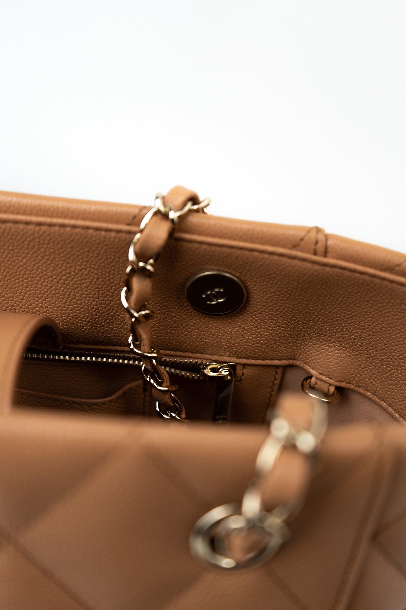 23P Small Caramel Caviar Quilted Shopping Bag Light Gold Hardware