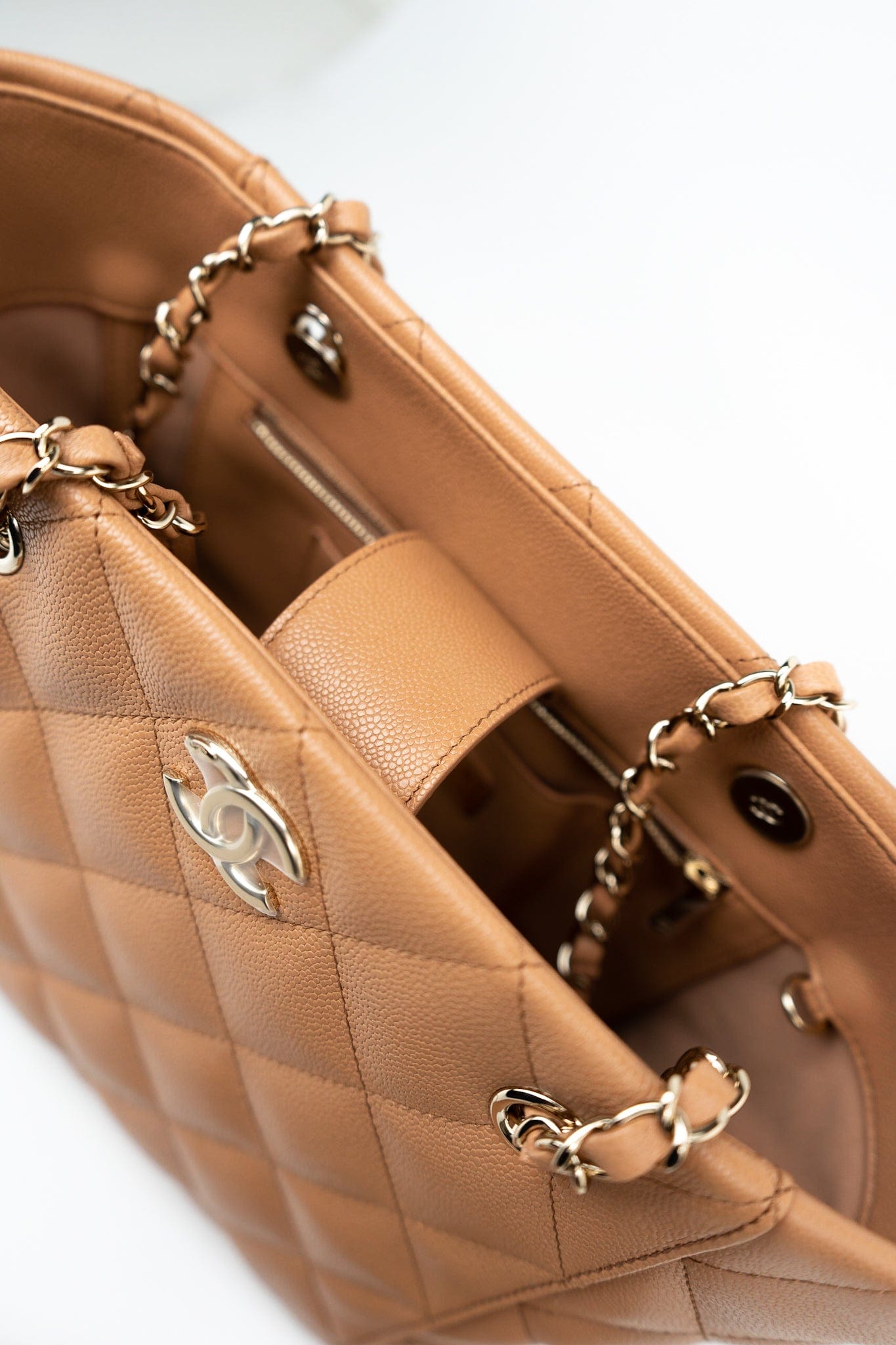 23P Small Caramel Caviar Quilted Shopping Bag Light Gold Hardware