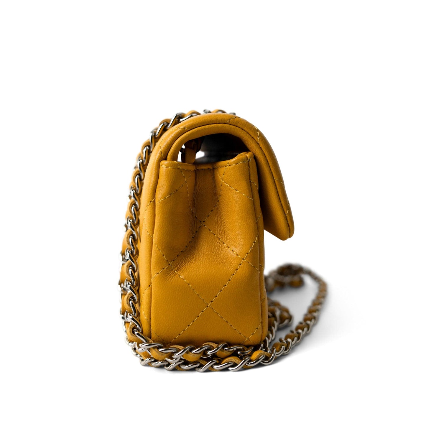 Autumn Yellow Lambskin Quilted Extra Mini Rectangular Flap Silver Hardware
