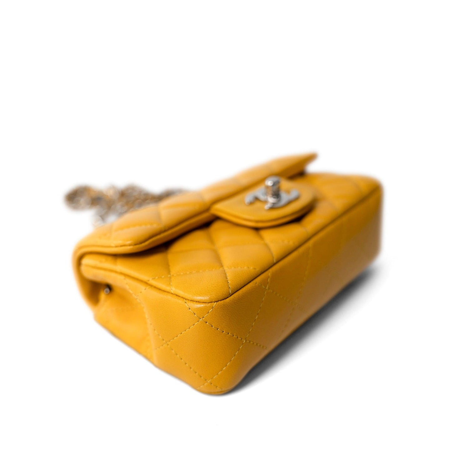 Autumn Yellow Lambskin Quilted Extra Mini Rectangular Flap Silver Hardware