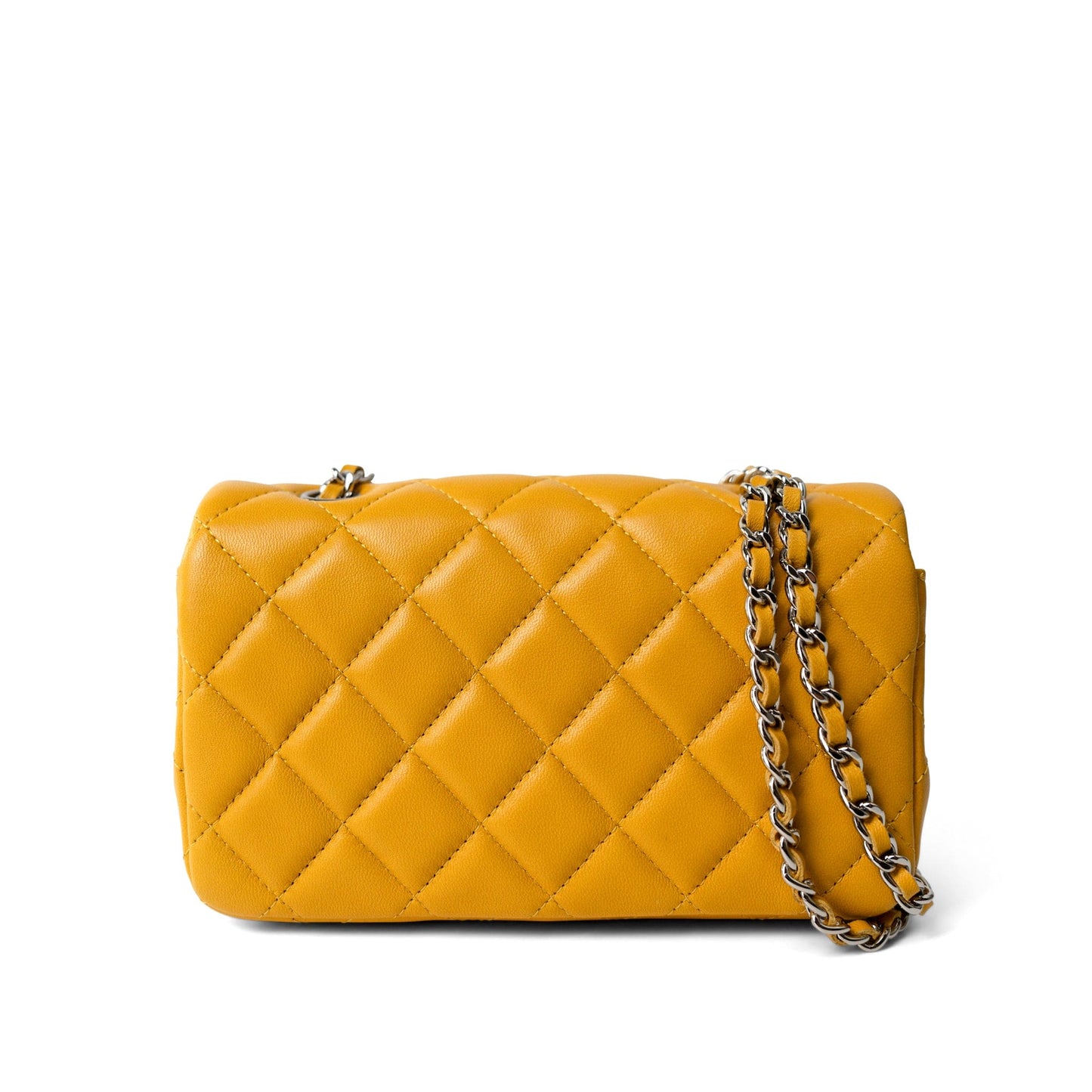 Autumn Yellow Lambskin Quilted Extra Mini Rectangular Flap Silver Hardware