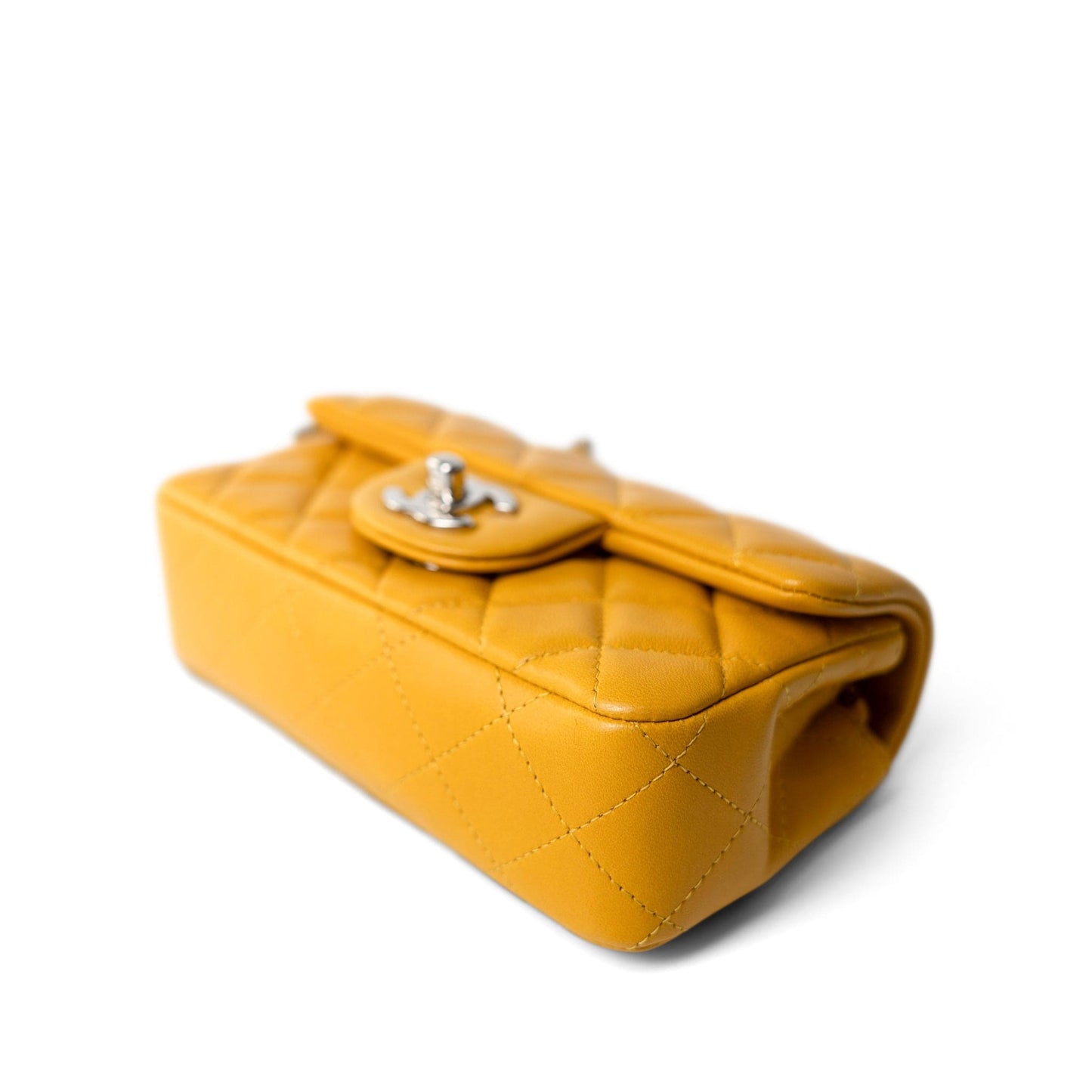 Autumn Yellow Lambskin Quilted Extra Mini Rectangular Flap Silver Hardware