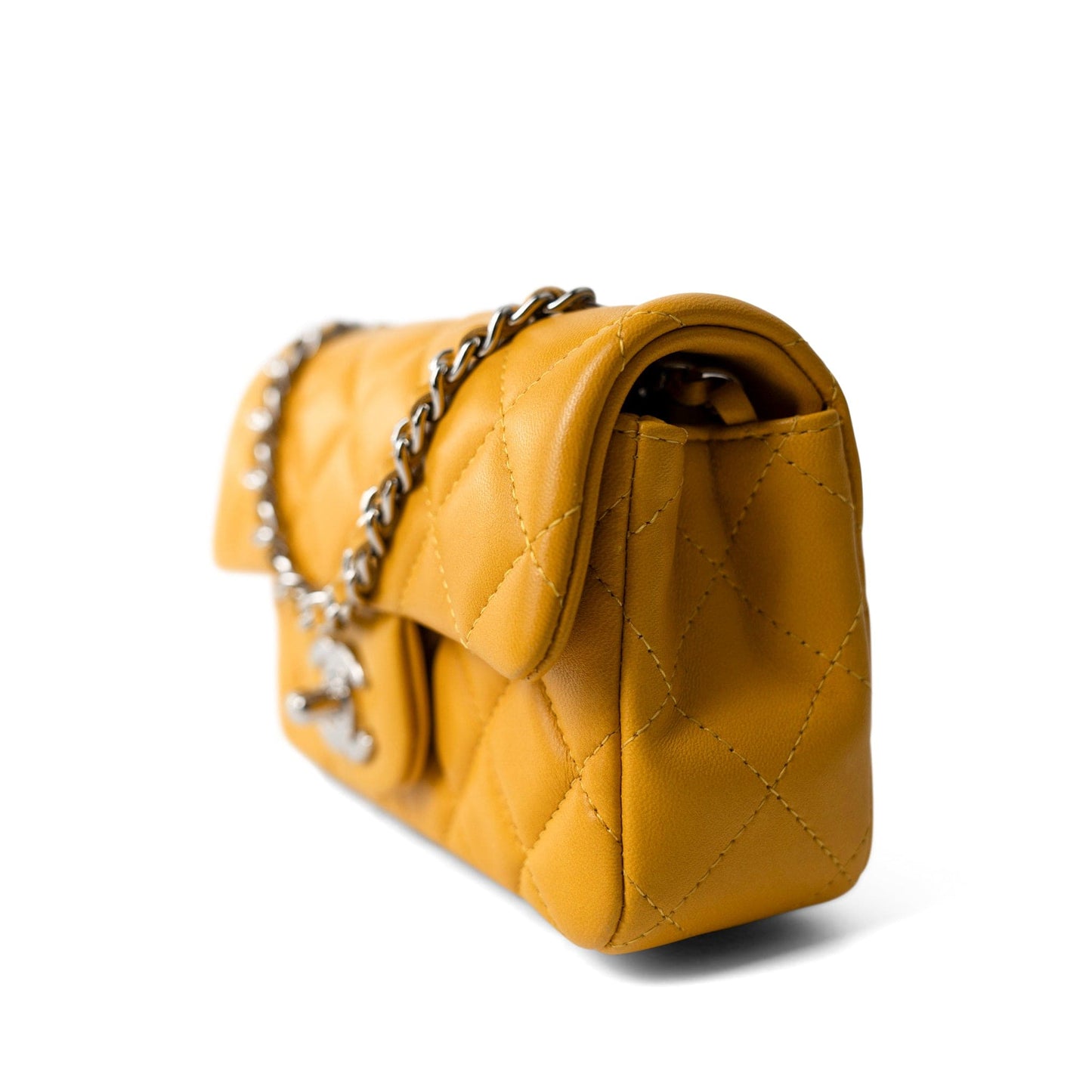 Autumn Yellow Lambskin Quilted Extra Mini Rectangular Flap Silver Hardware