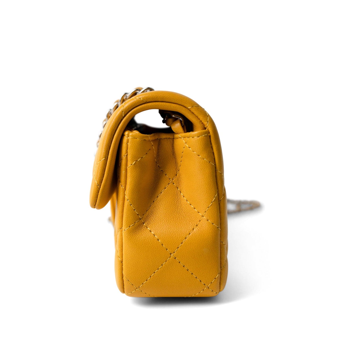 Autumn Yellow Lambskin Quilted Extra Mini Rectangular Flap Silver Hardware