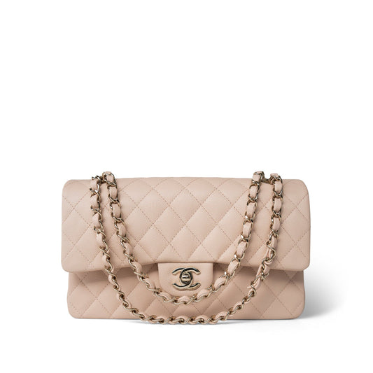 22C Beige Caviar Quilted Medium Classic Flap Light Gold Hardware