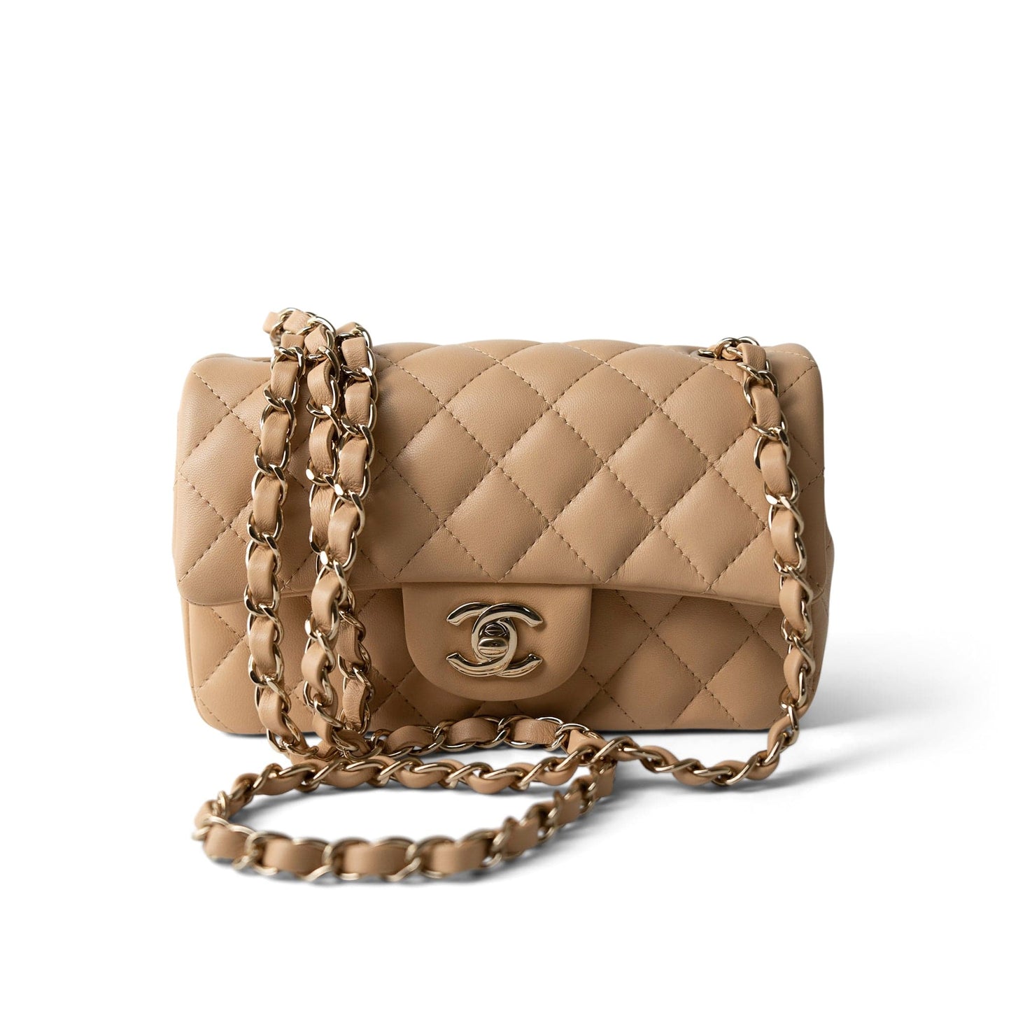 22C Beige Lambskin Quilted Mini Rectangular Quilted Flap Bag