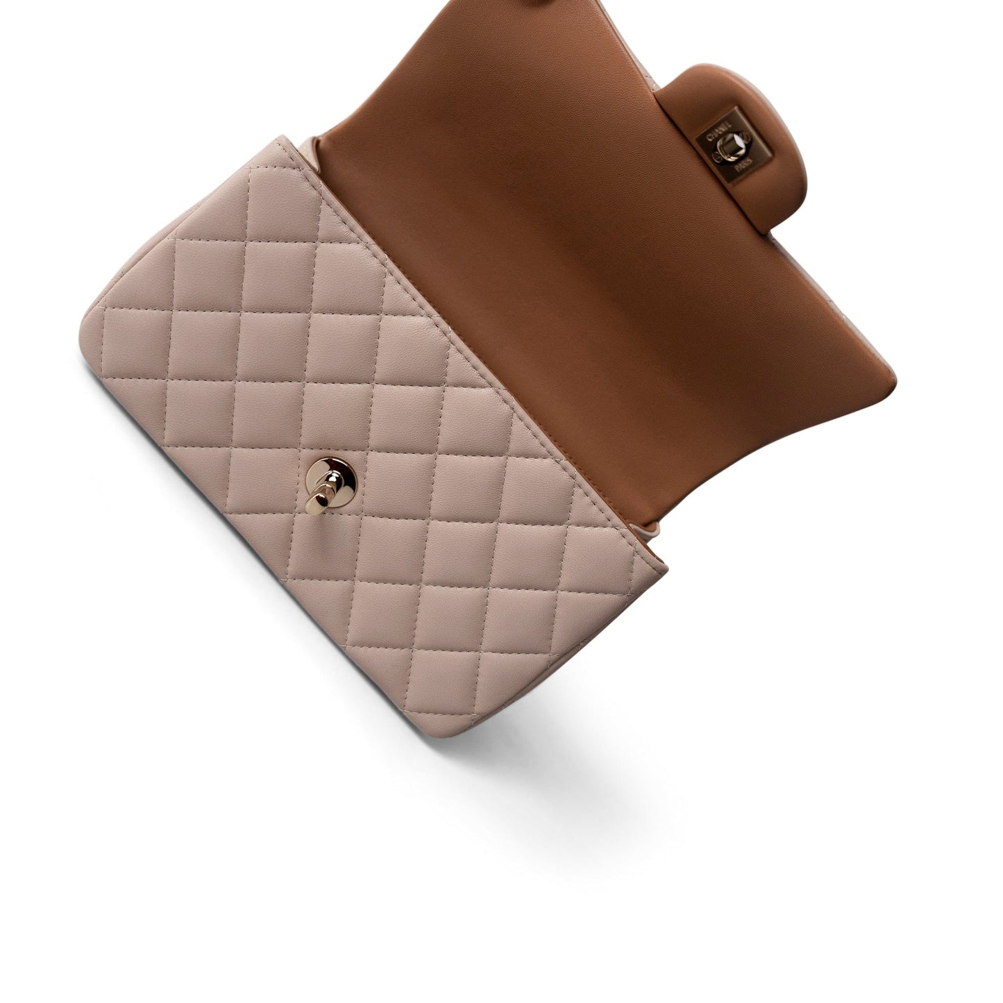 22C Light Beige / Beige Lambskin Quilted Mini Top Handle Light Gold Hardware