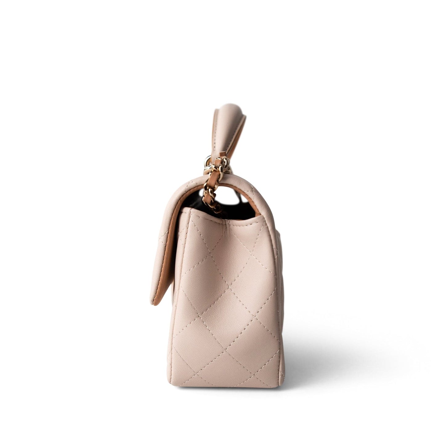 22C Light Beige / Beige Lambskin Quilted Mini Top Handle Light Gold Hardware