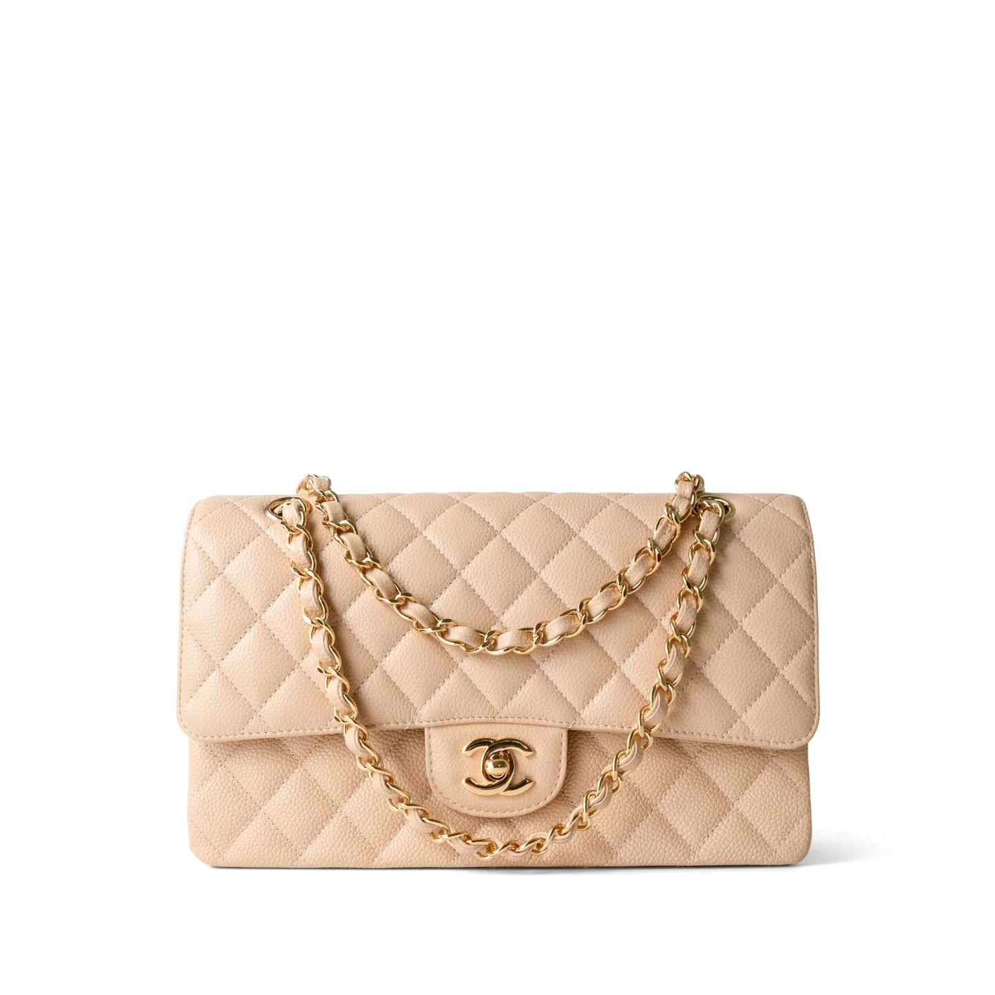 Beige Clair Caviar Quilted Classic Flap Medium Gold Hardware