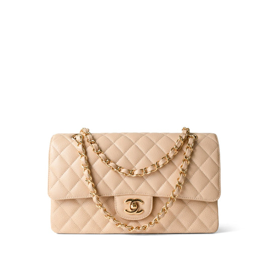 Beige Clair Caviar Quilted Classic Flap Medium Gold Hardware