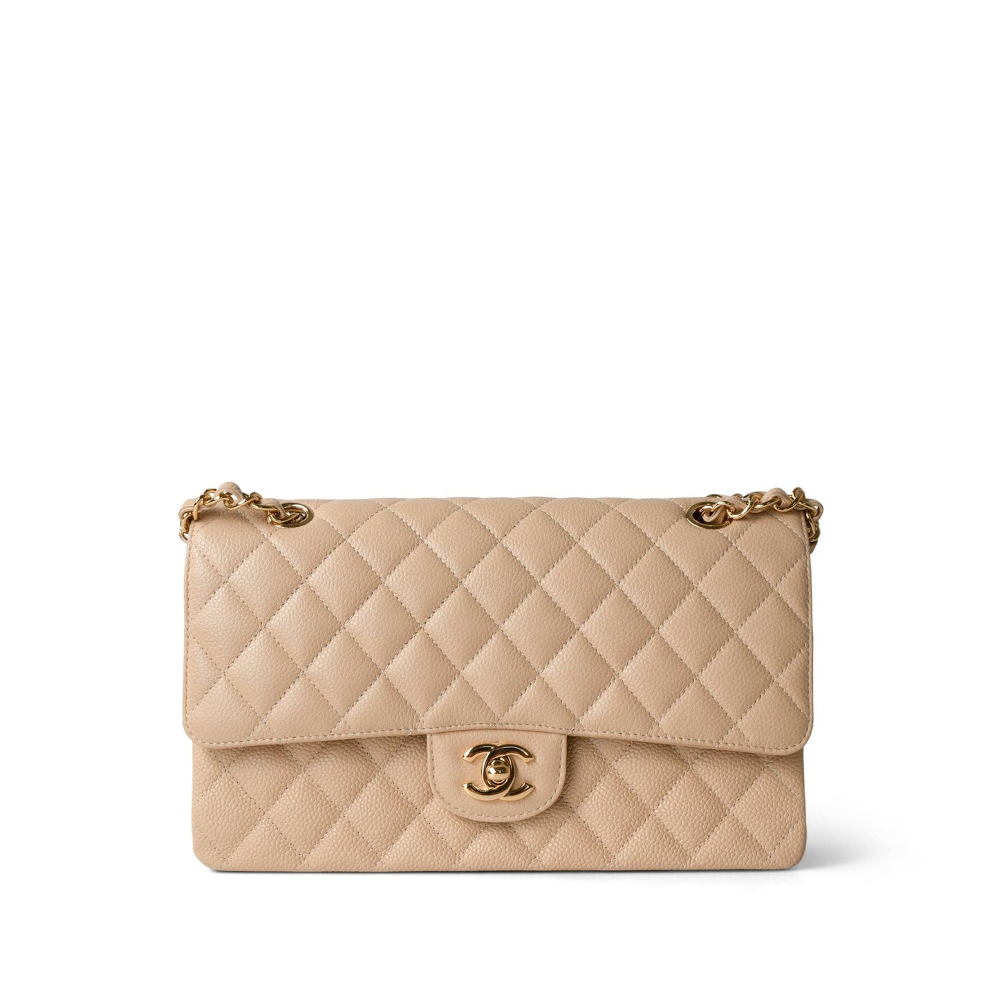 Beige Clair Caviar Quilted Classic Flap Medium Gold Hardware