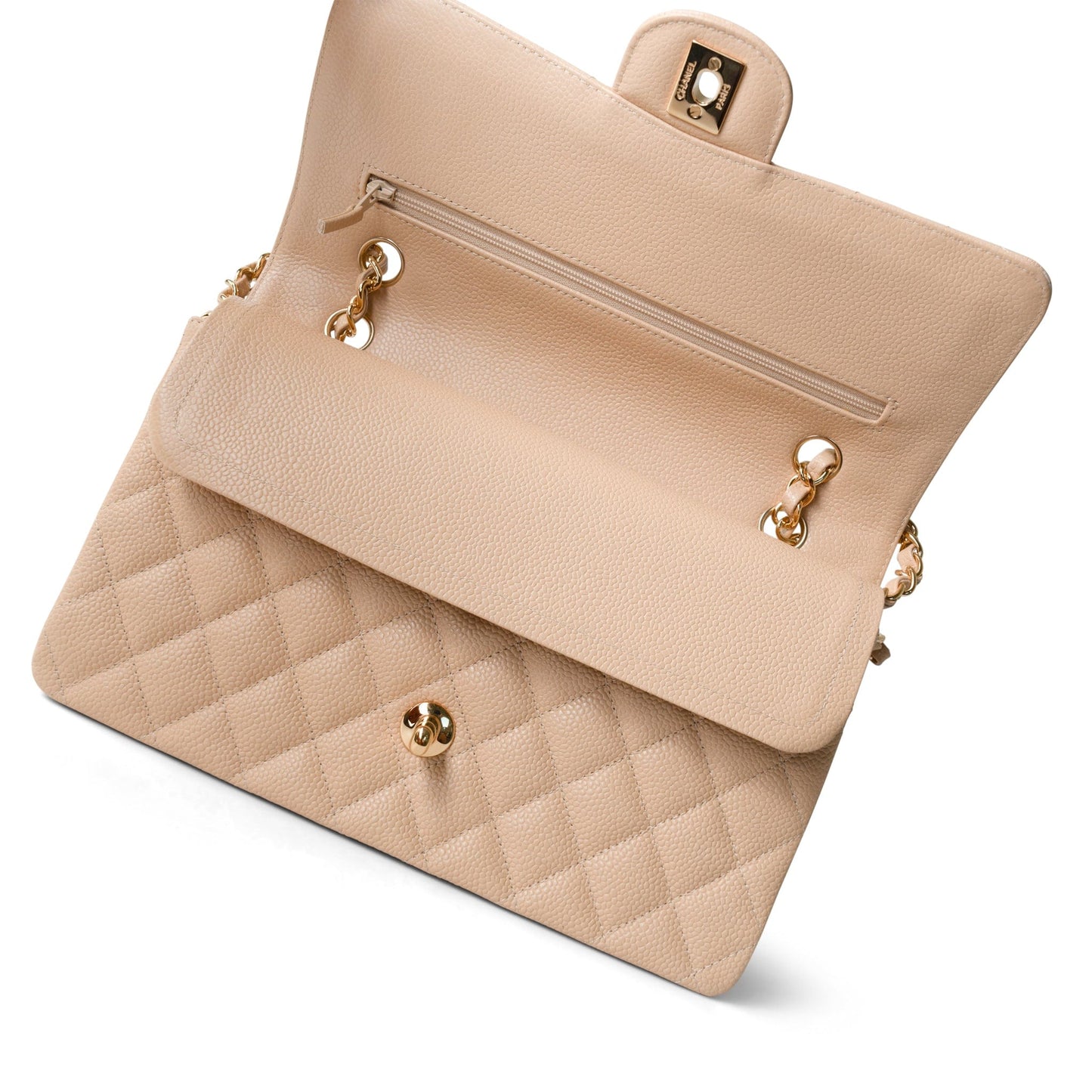 Beige Clair Caviar Quilted Classic Flap Medium Gold Hardware