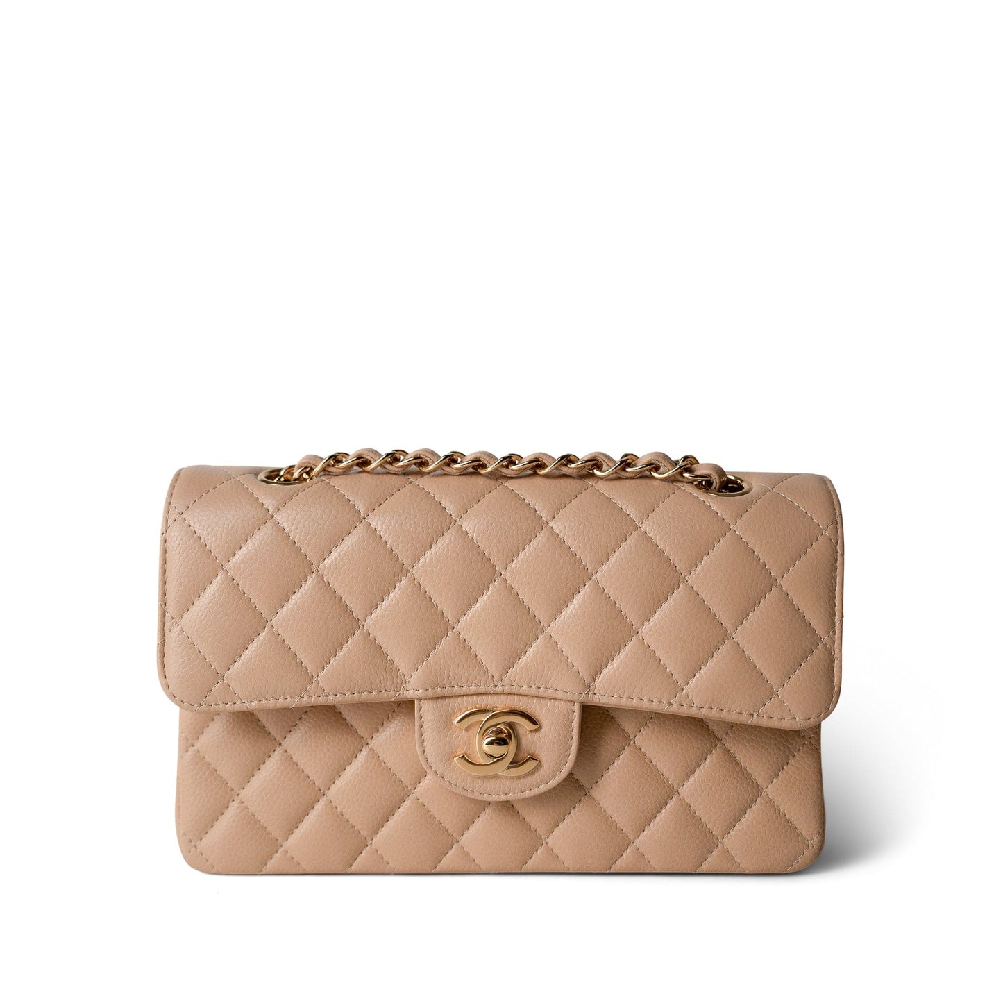 Beige Clair Caviar Quilted Classic Flap Small Gold Hardware