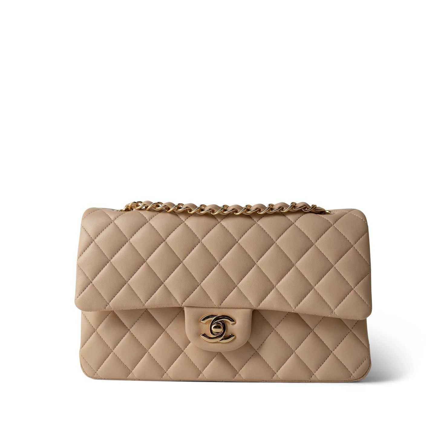 Beige Clair Lambskin Quilted Classic Flap Medium Gold Hardware