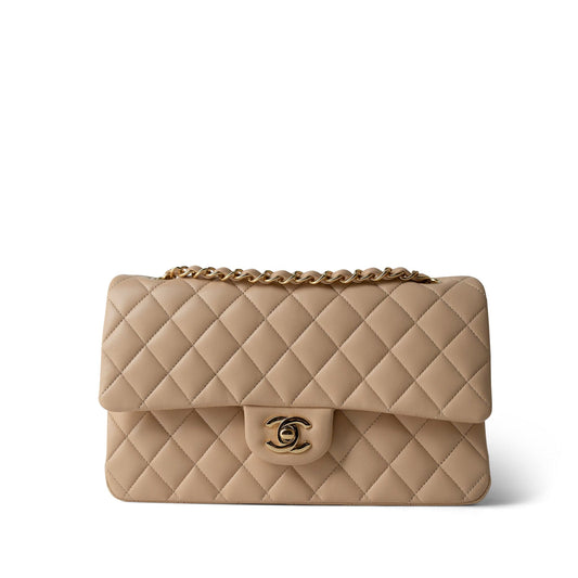 Beige Clair Lambskin Quilted Classic Flap Medium Gold Hardware